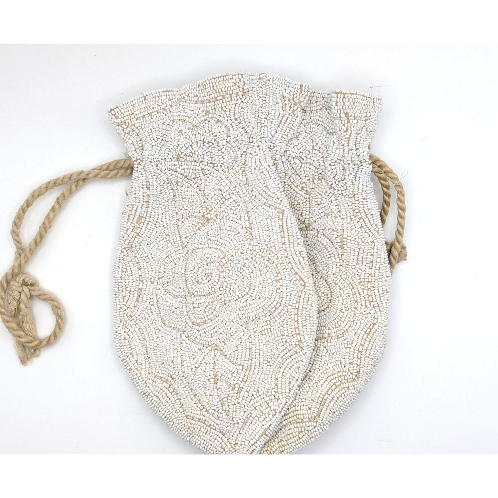 VINTAGE Beaded Drawstring Purse White Floral Seed Bead Evening Bag READ